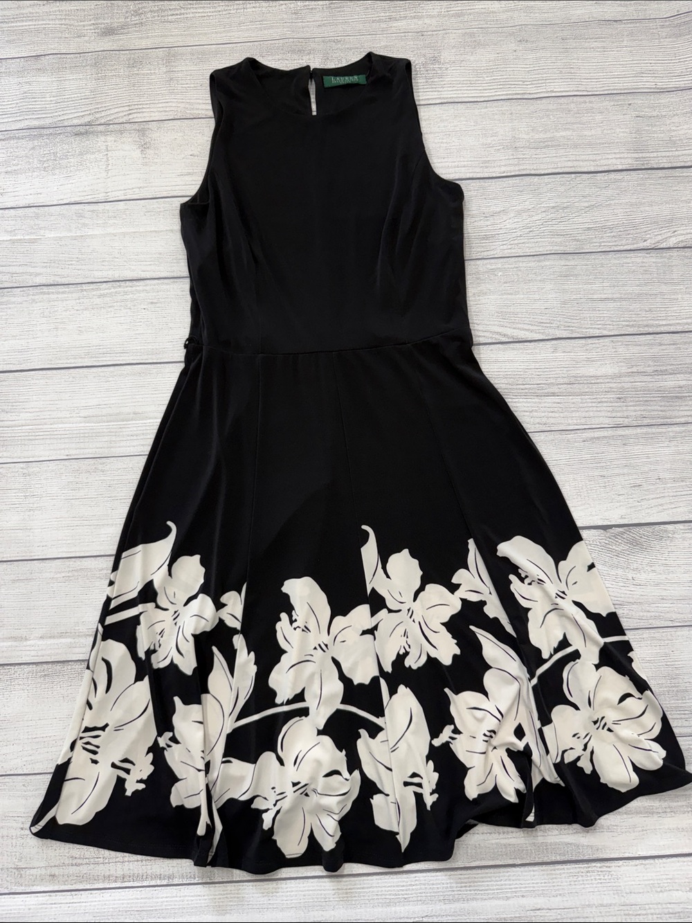 Lauren Ralph Lauren Black White Floral Fit & Flare Dress Size 6 Sleeveless